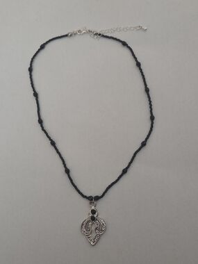 Handmade Black Beaded Necklace with Silver Pendant